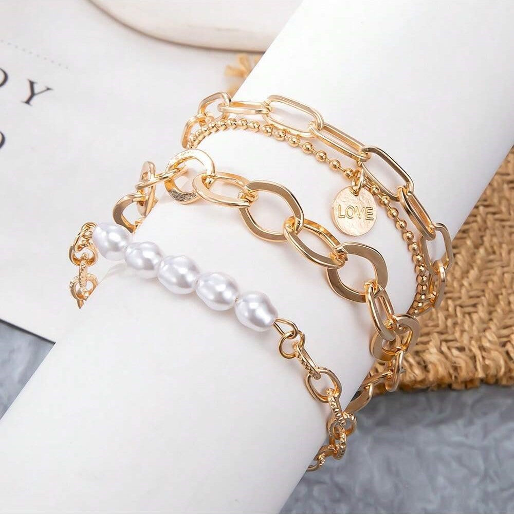 3teiliges goldenes Perlenarmband - großes Kettenset