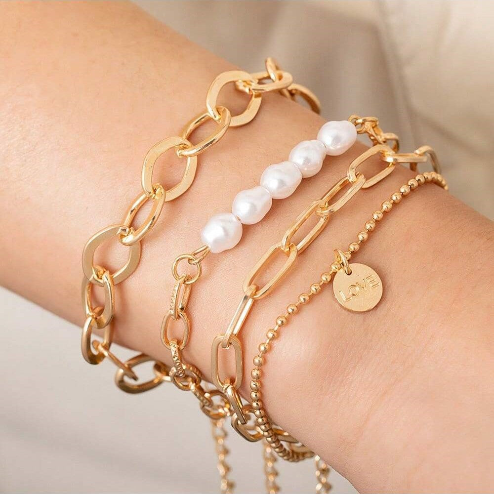 3teiliges goldenes Perlenarmband - großes Kettenset
