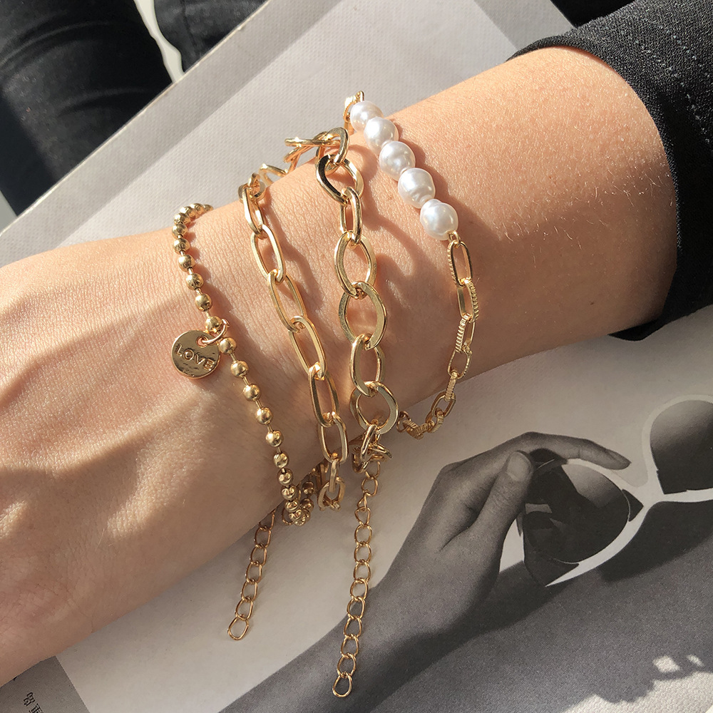 3teiliges goldenes Perlenarmband - großes Kettenset