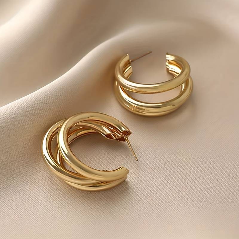 Dreifach-Reifenohrring - 3 Goldene Reifenohrringe