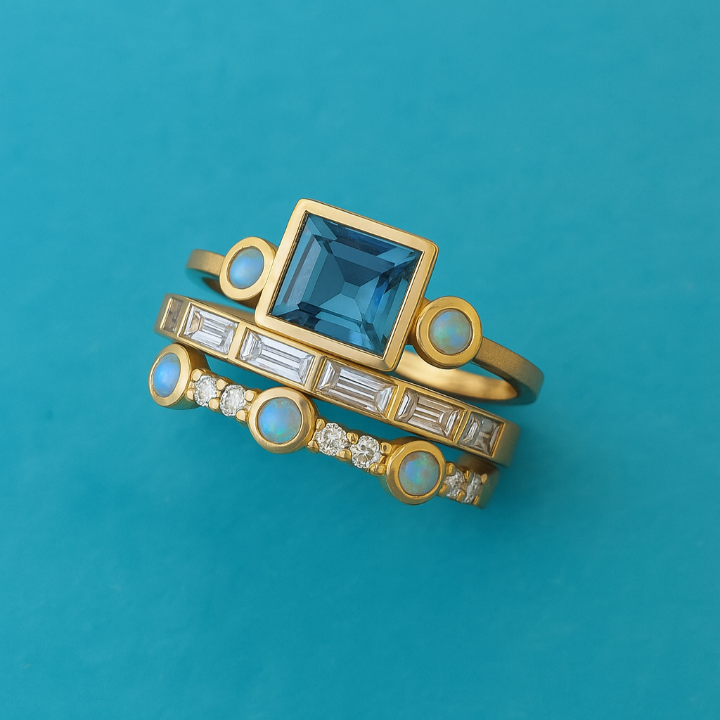 Rhea – Set von Vintage-Ringen mit blauem Kristall