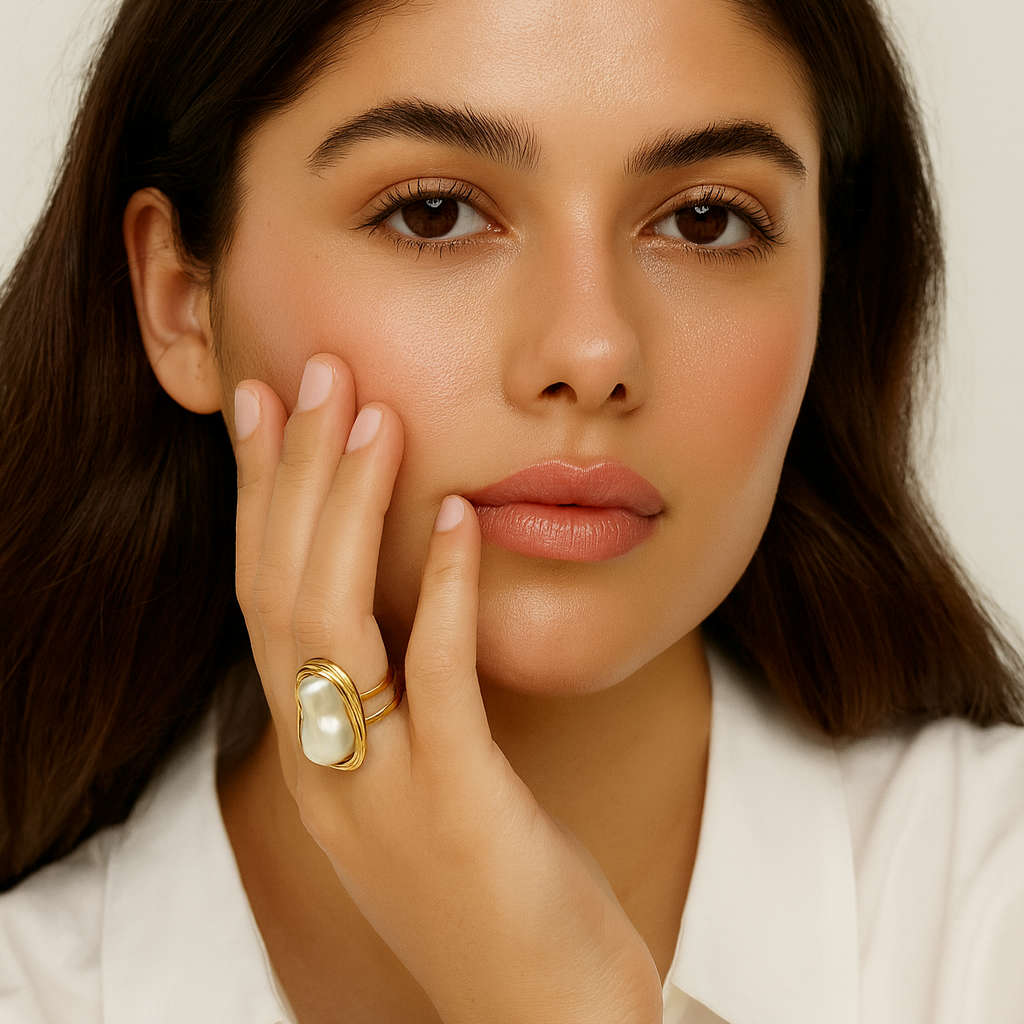 Clemence – Ring Kamelie aus Gold und Perle