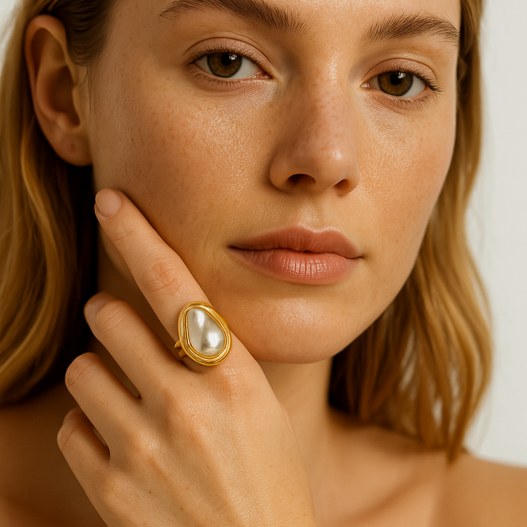 Clemence – Ring Kamelie aus Gold und Perle