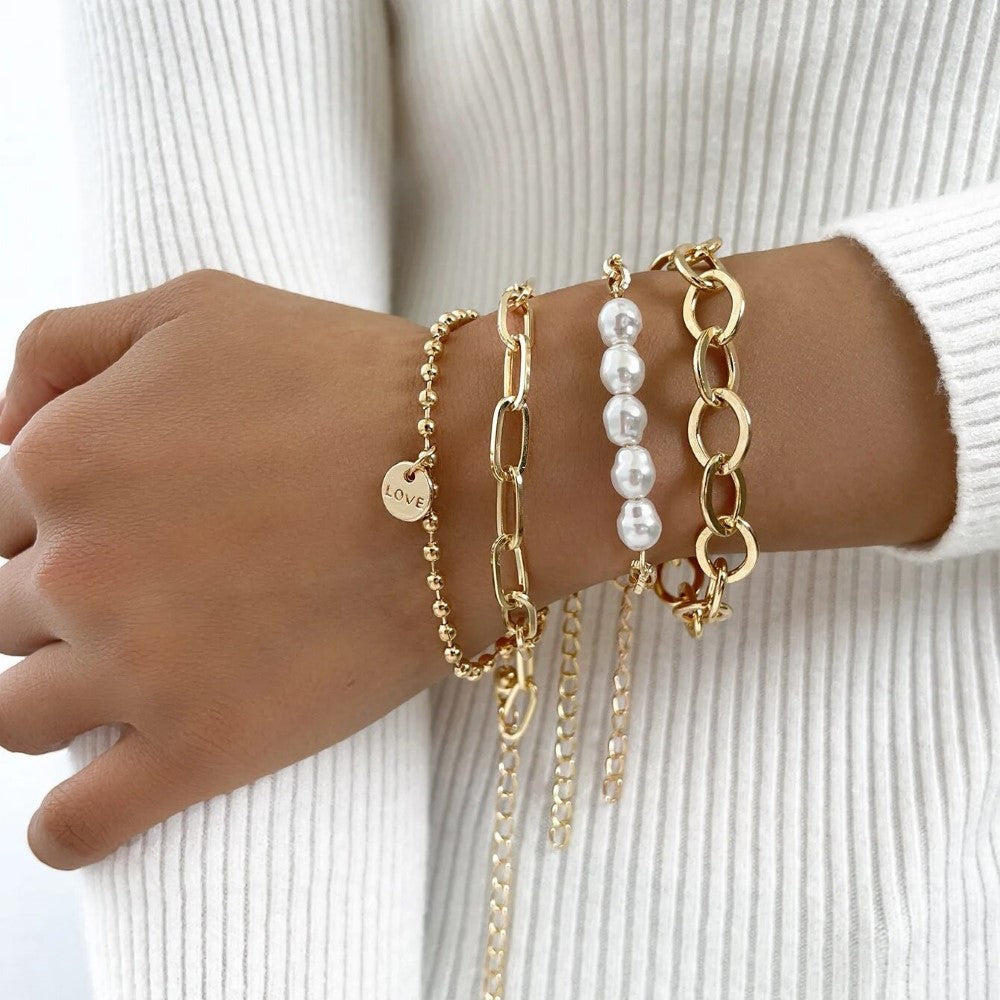 3teiliges goldenes Perlenarmband - großes Kettenset