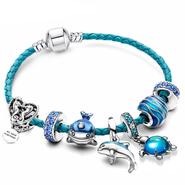 Ozean – Leder- und Silberarmband mit Meeres-Charms