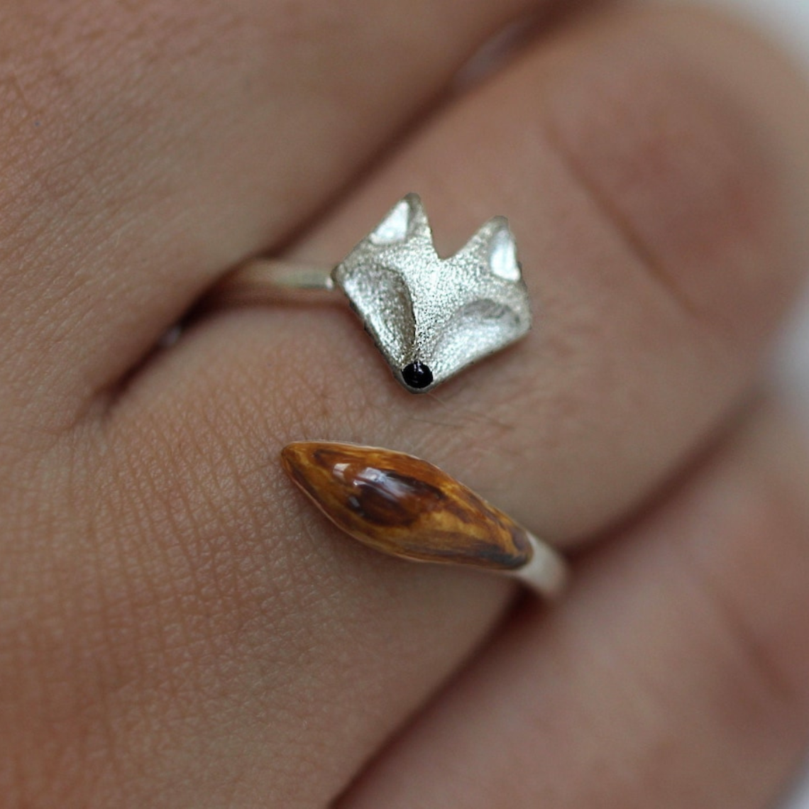 Verstellbarer Fuchsring aus Holz - Fuchsgesicht Silberring