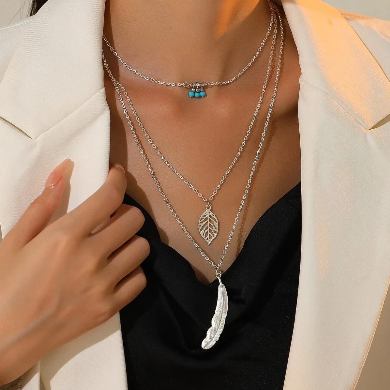 Blatt & Feder-Anhänger - 3-Lagen-Halskette