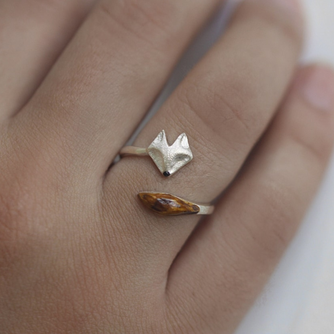 Verstellbarer Fuchsring aus Holz - Fuchsgesicht Silberring