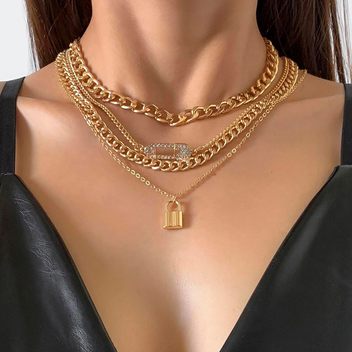 4pcs Kette Halskette - Retro Lock Pin Kette Set