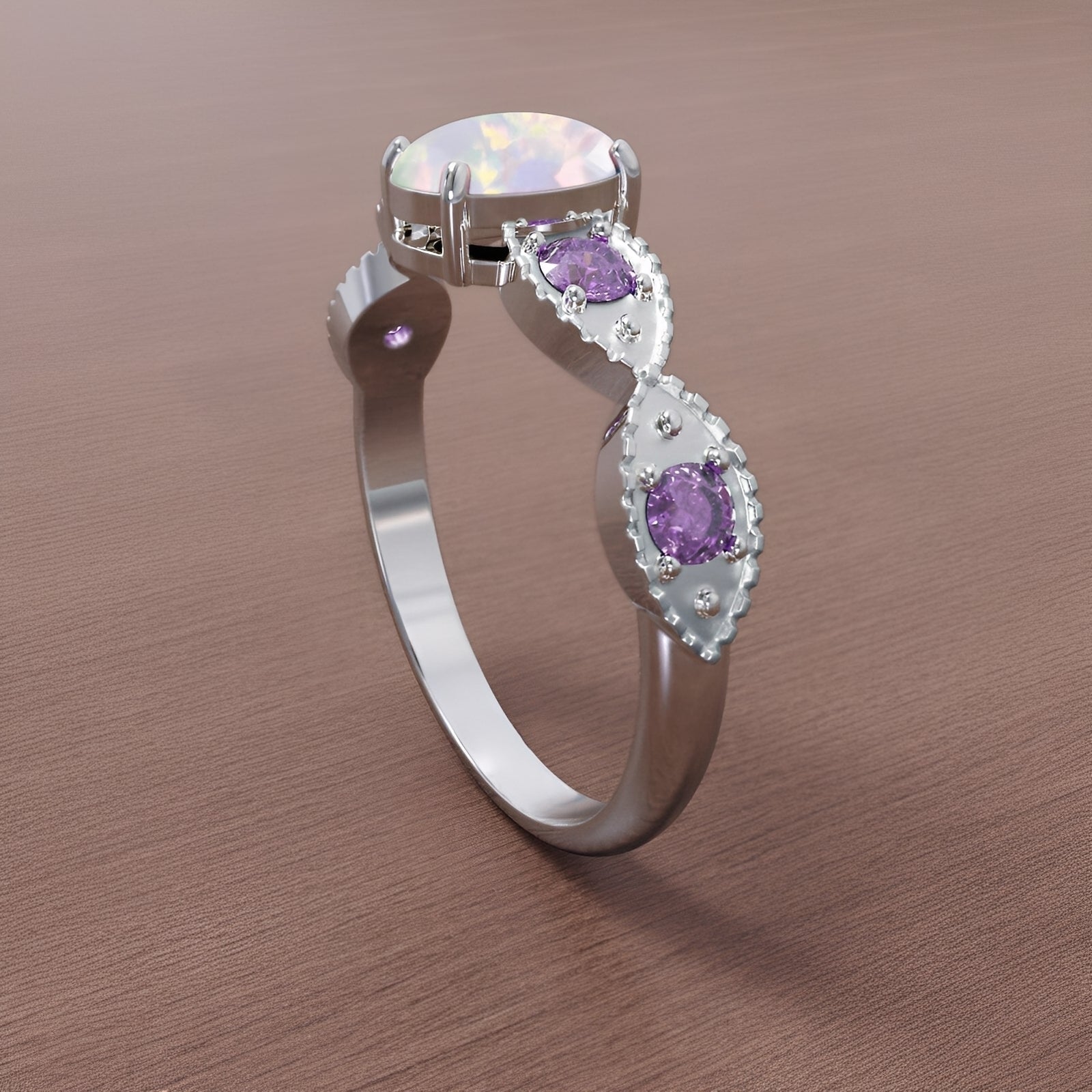 Valka – Ring Weißer Opal & Amethyst