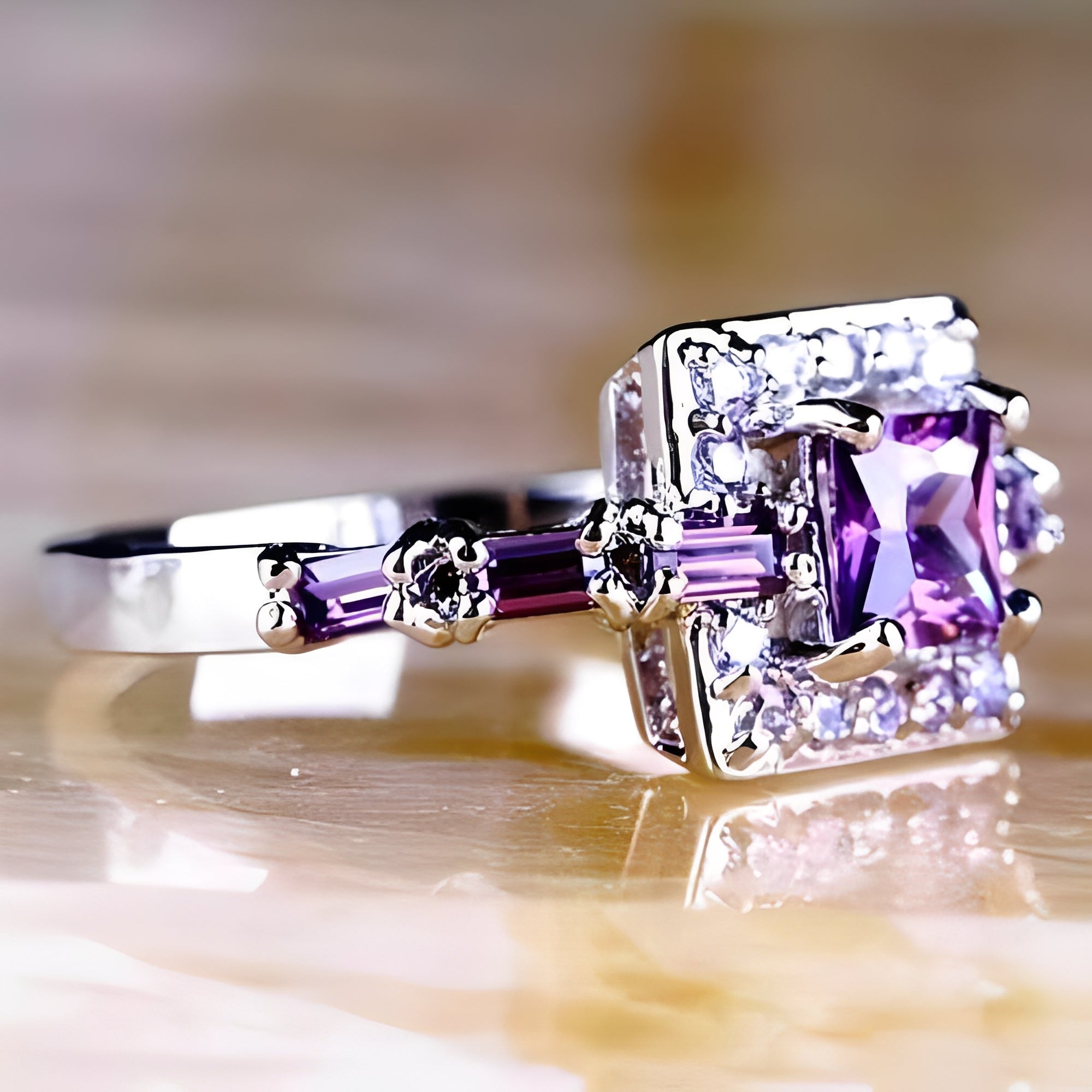 Lyra – Quadratischer Ring aus Amethyst Kristall