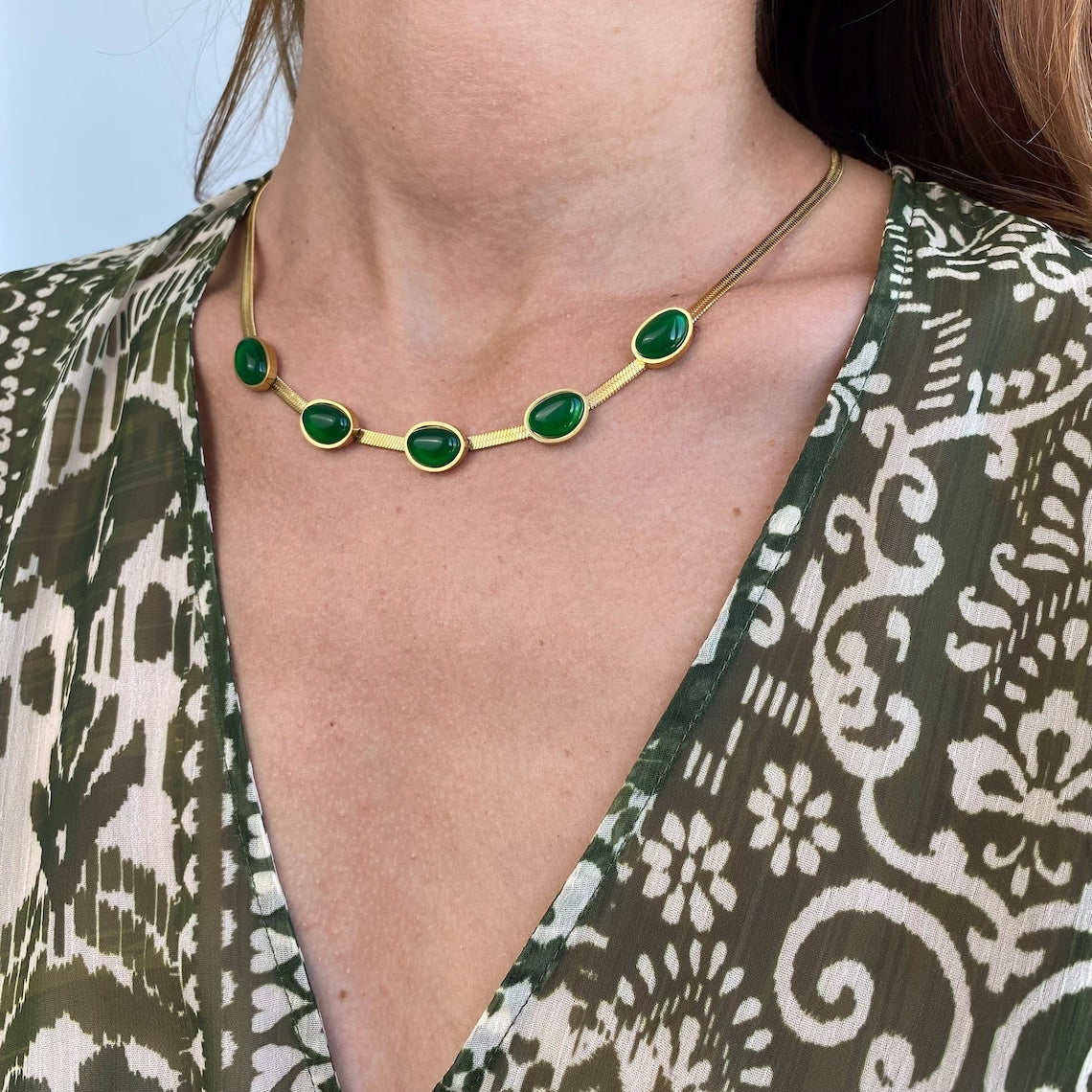 Vintage Jadestein - Intarsien-Halsband und -Armband