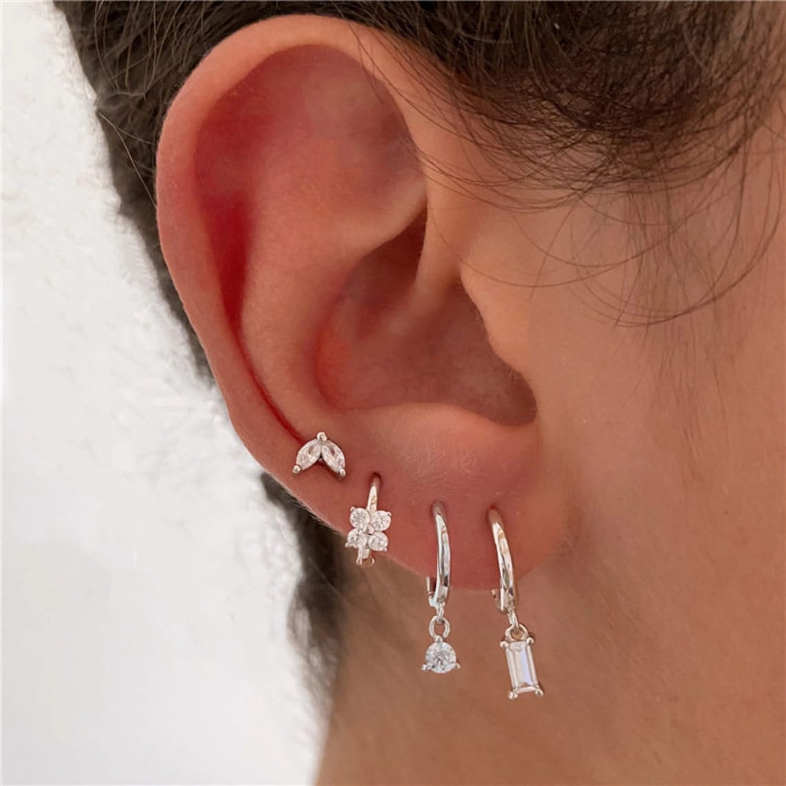 4-teiliges Ohrring-Set - Geometrischer Marquise-Blumen-Zirkonia