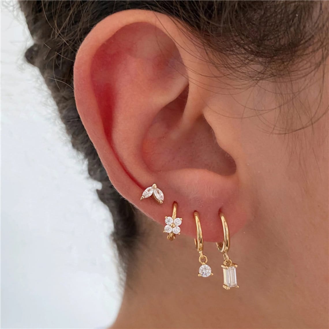 4-teiliges Ohrring-Set - Geometrischer Marquise-Blumen-Zirkonia
