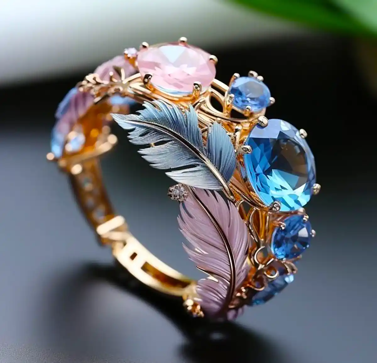Saphira – Vintage Exotische Feder Ring mit Kristall
