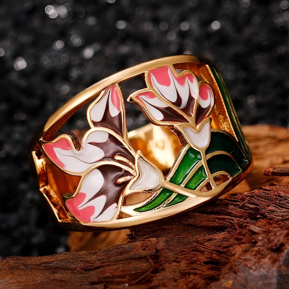 Cess – Emaillierter Goldring Blumig Vintage