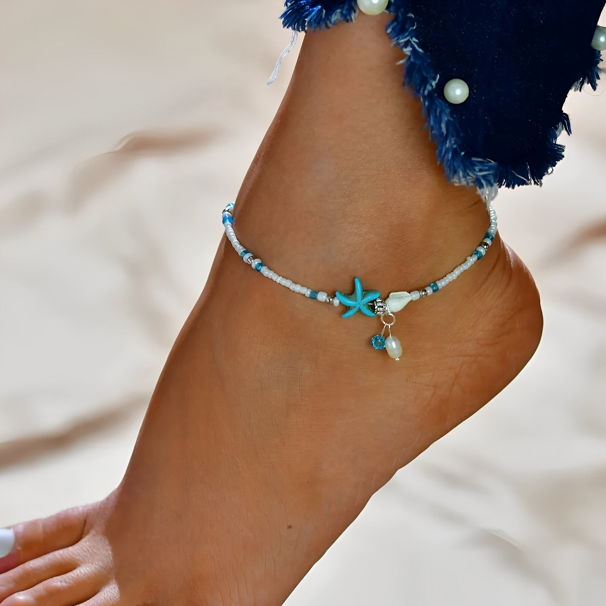 Isla – Knöchelarmband Stern & Muschel mit Natursteinen