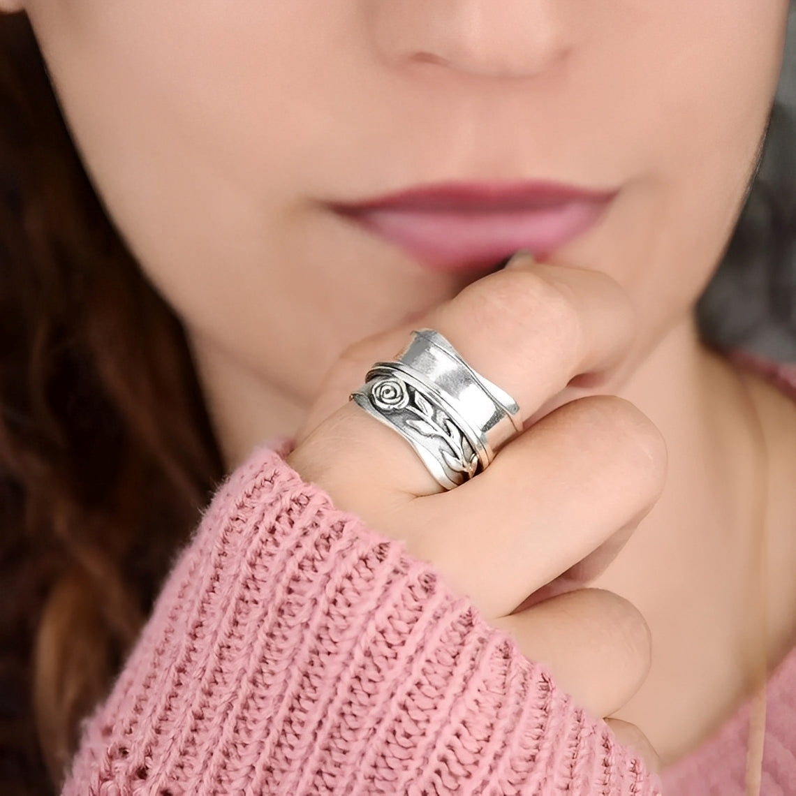 Vintage Rose Blumen Ring in Silber