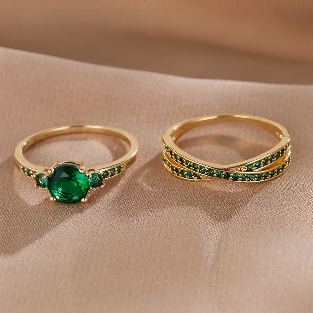 Ivy – Set Ringe mit Grünen Kristallen