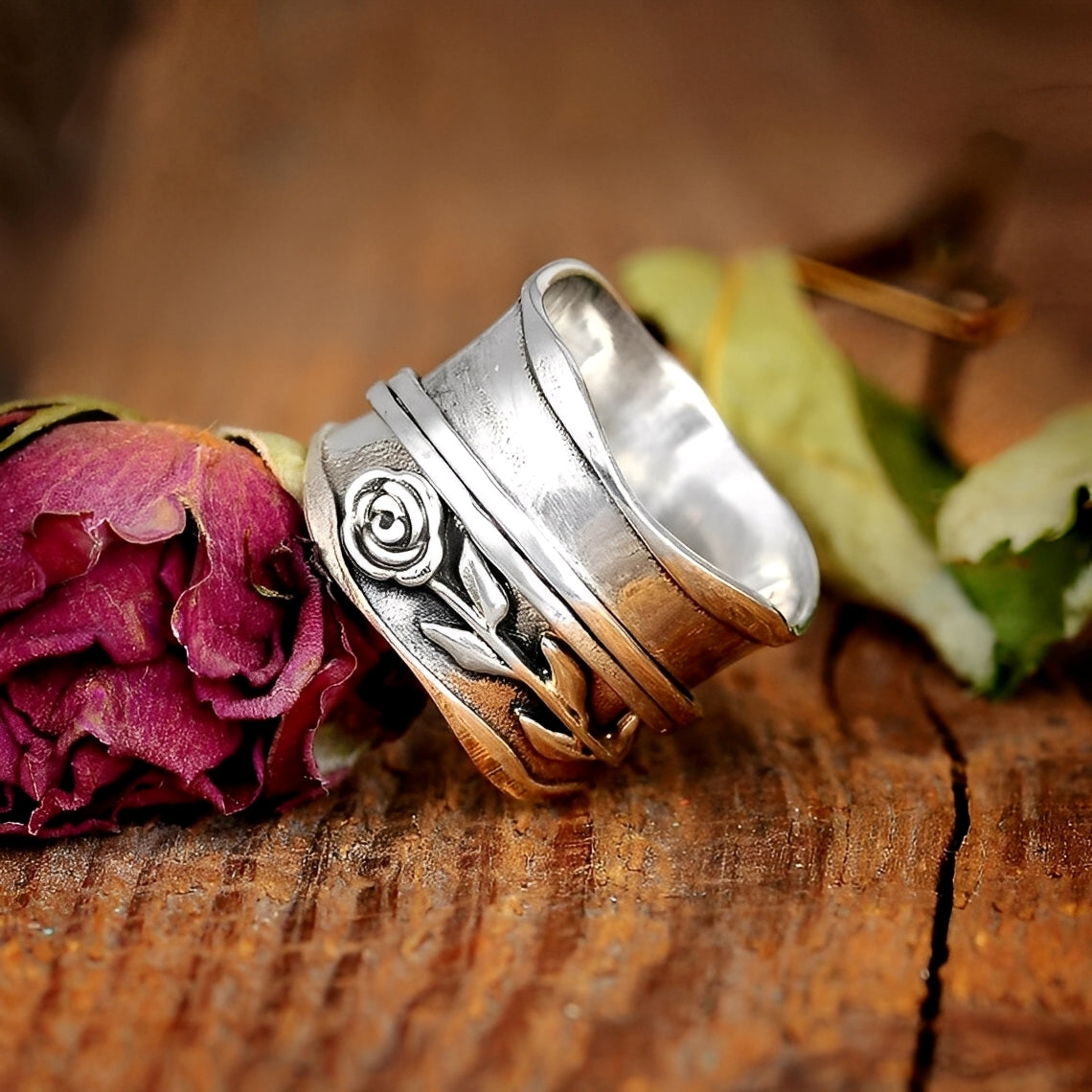 Vintage Rose Blumen Ring in Silber