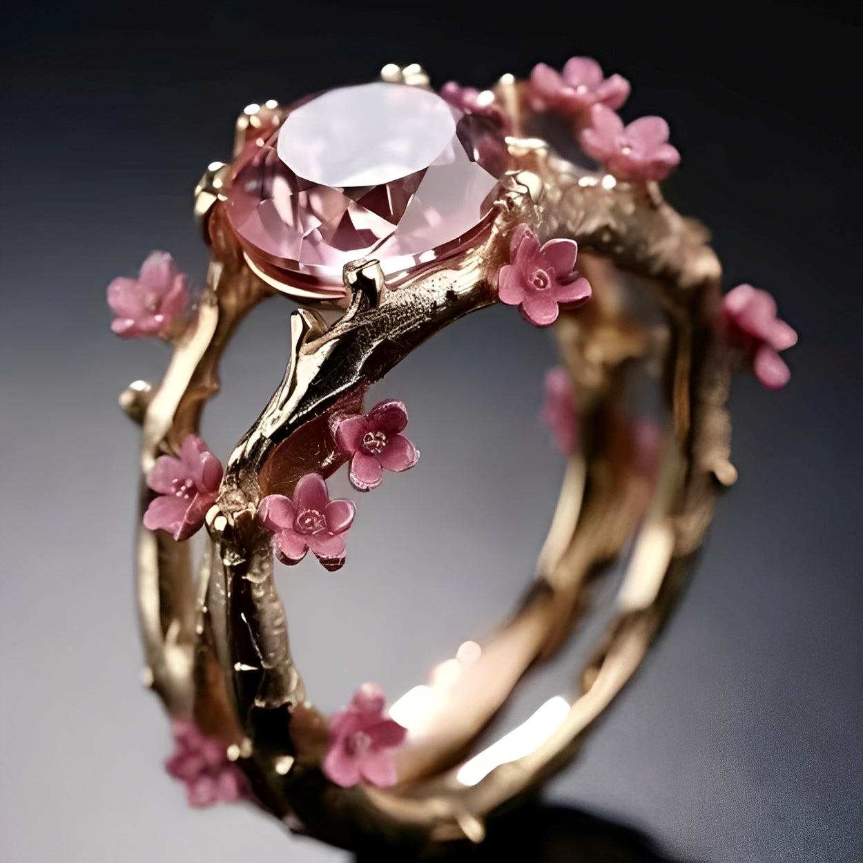 Elina – Verzauberter Goldring mit Rosa Kristall und Blumen