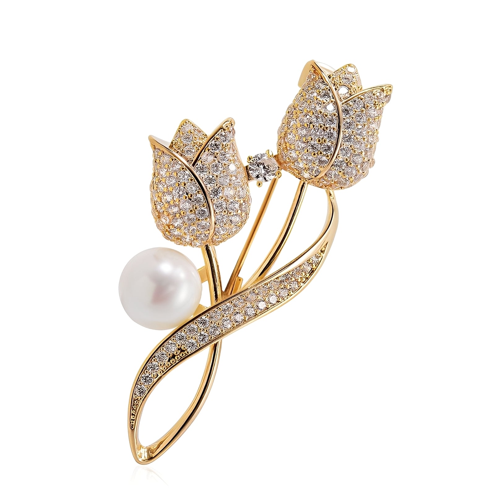 Jackie – Broche Tulipe en Or avec Zircon & Perle