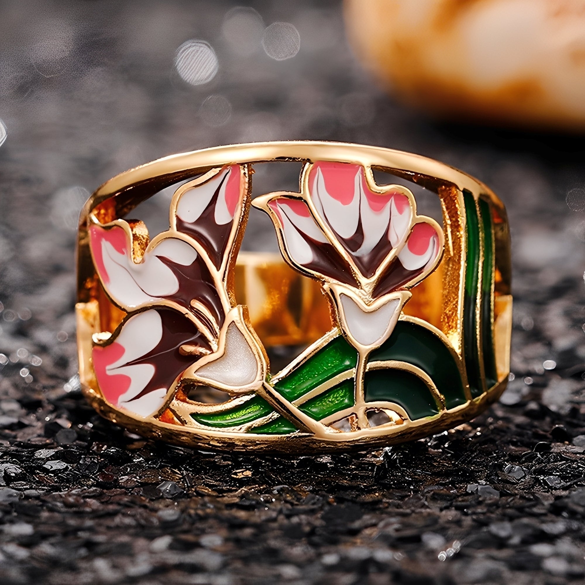 Cess – Emaillierter Goldring Blumig Vintage