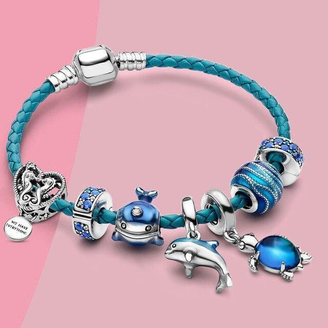Ozean – Leder- und Silberarmband mit Meeres-Charms