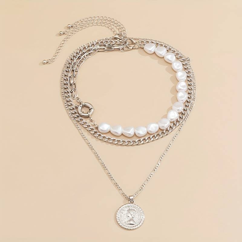 Perle und Vintage-Anhänger Kette - 3pcs Kette Anhänger und Perle Halskette