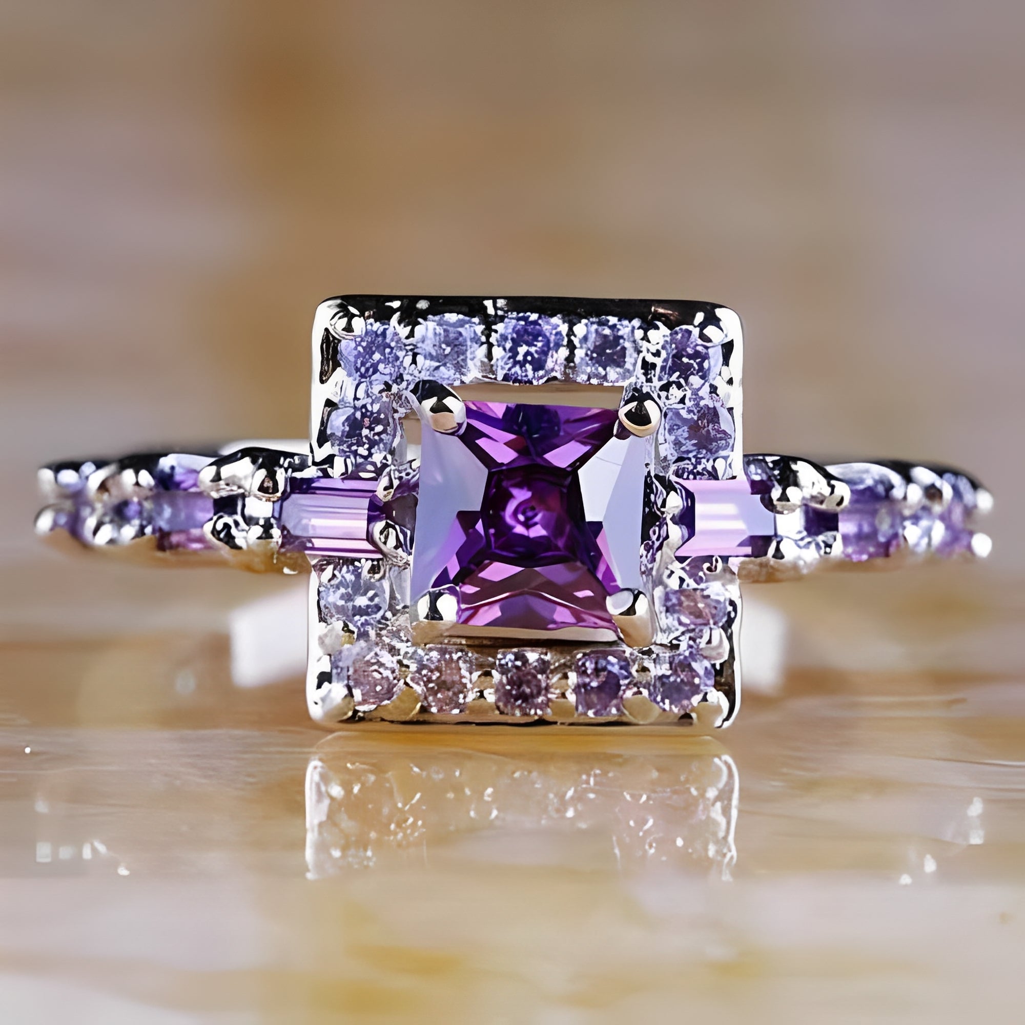 Lyra – Quadratischer Ring aus Amethyst Kristall