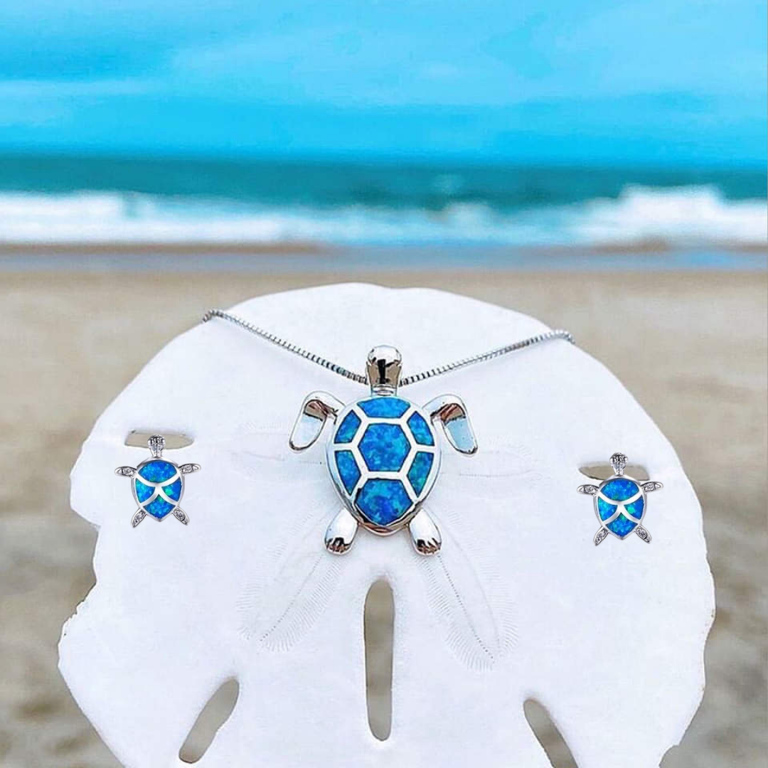 Kailea – Schmuckset Schildkröte aus Opal und Silber (Halskette + Ohrringe)