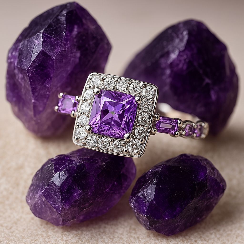 Lyra – Quadratischer Ring aus Amethyst Kristall