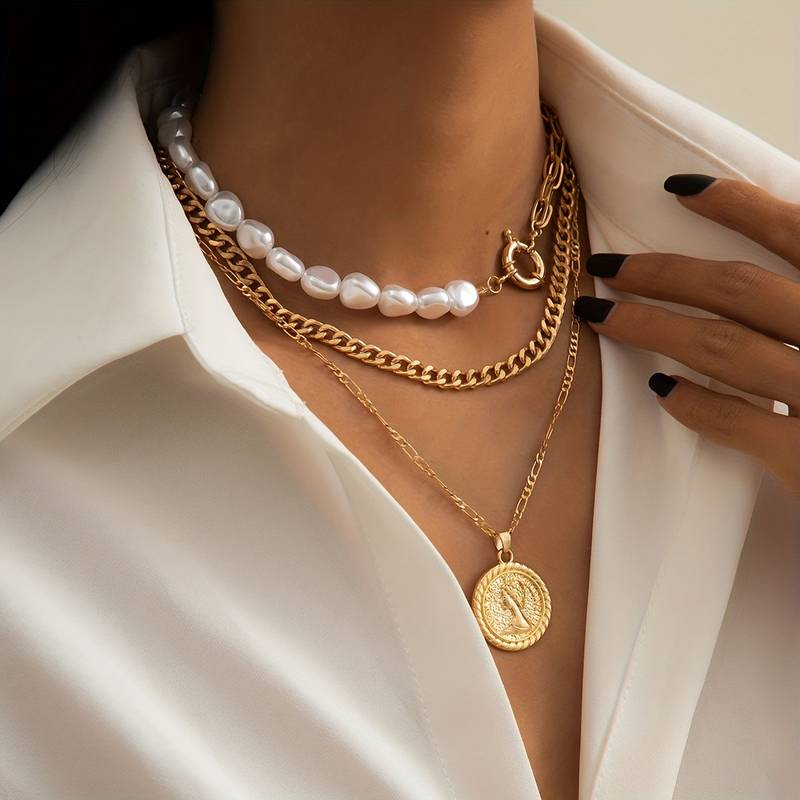 Perle und Vintage-Anhänger Kette - 3pcs Kette Anhänger und Perle Halskette