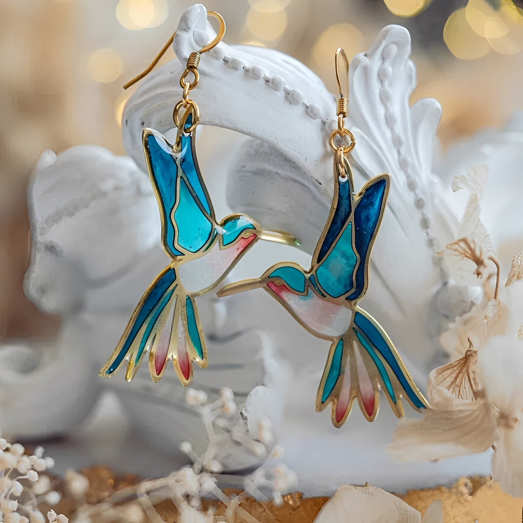 Amandine – Vintage-Ohrringe Kolibri Blaue Emaille