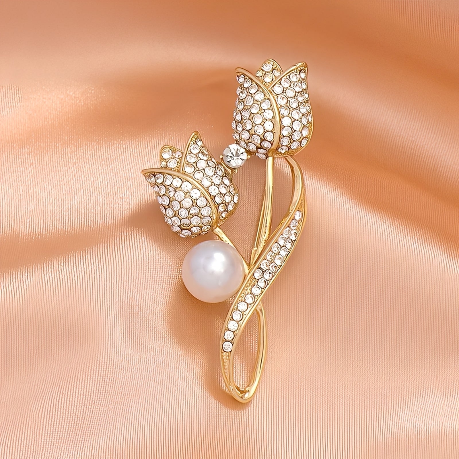 Jackie – Broche Tulipe en Or avec Zircon & Perle