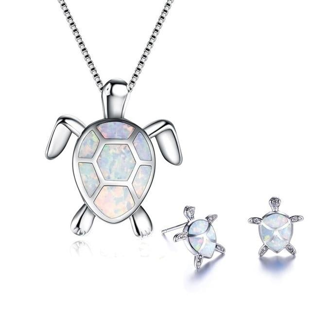 Kailea – Schmuckset Schildkröte aus Opal und Silber (Halskette + Ohrringe)
