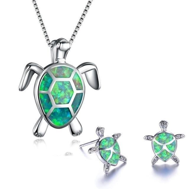 Kailea – Schmuckset Schildkröte aus Opal und Silber (Halskette + Ohrringe)