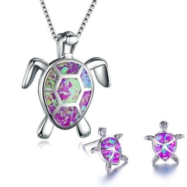 Kailea – Schmuckset Schildkröte aus Opal und Silber (Halskette + Ohrringe)