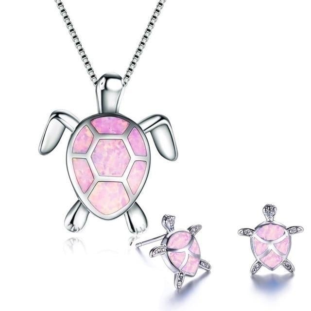 Kailea – Schmuckset Schildkröte aus Opal und Silber (Halskette + Ohrringe)